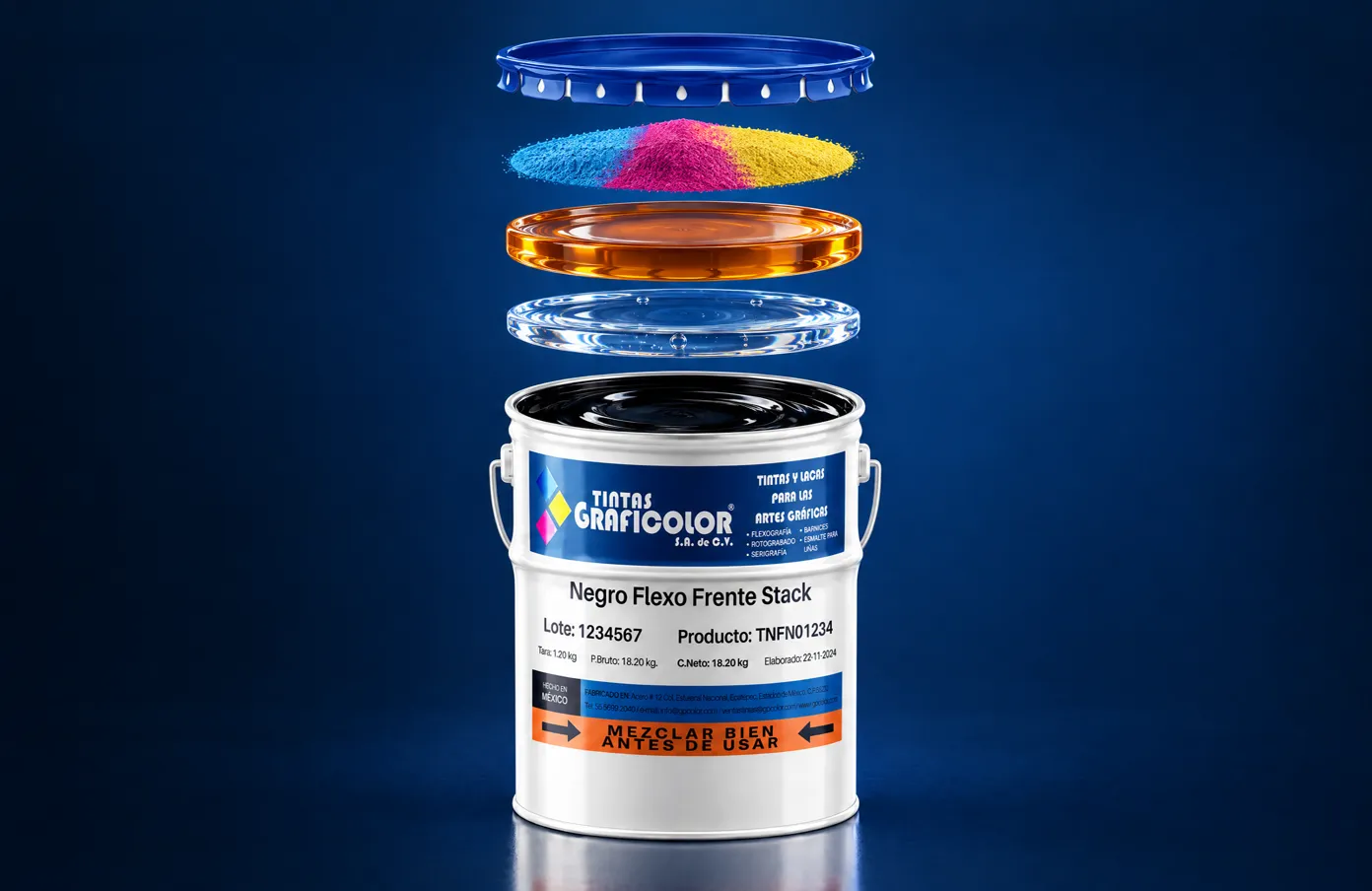 Cubeta Grafi Color desarmada en capas: tapa, pigmento, resina, solvente y tinta
